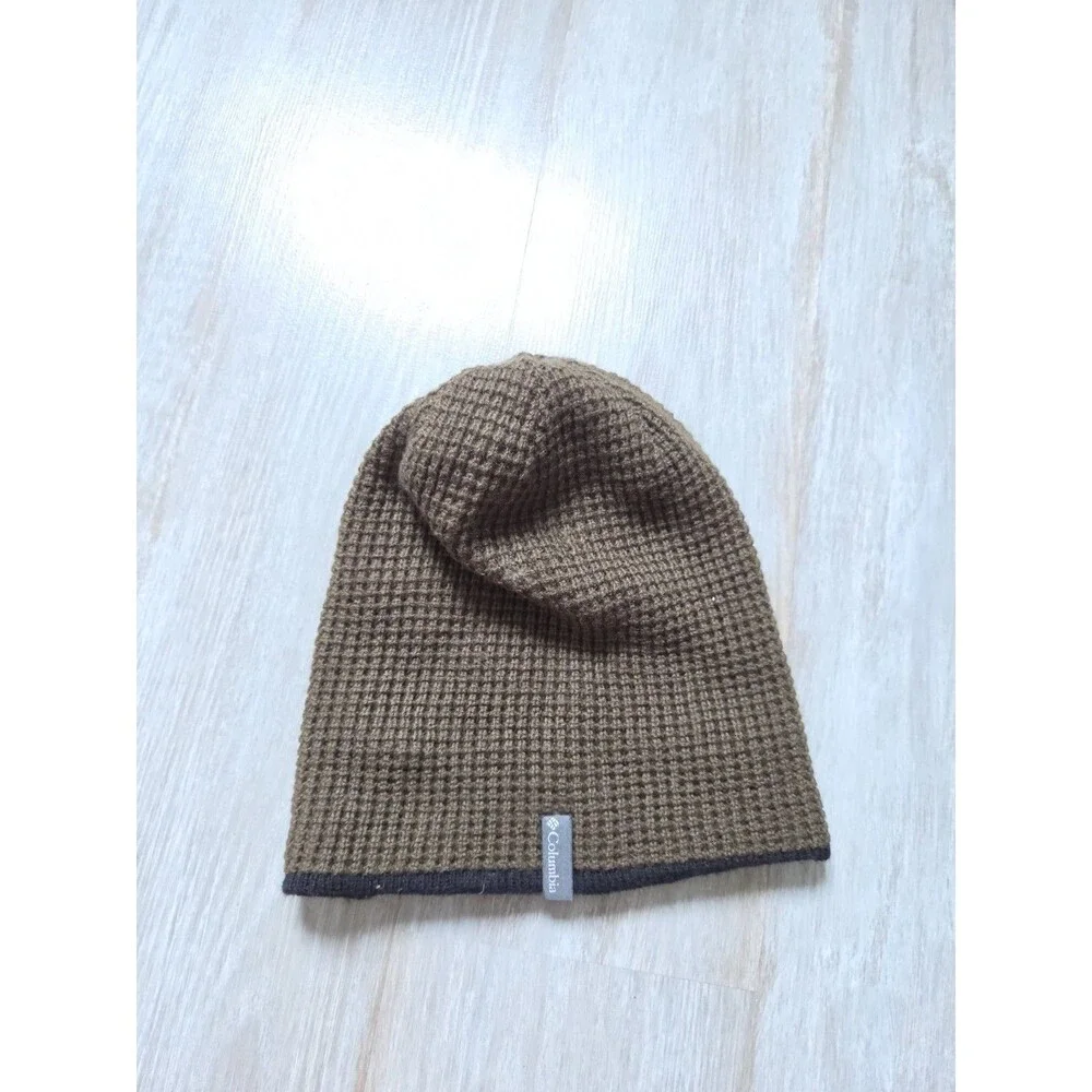 Columbia Reversible Knit Beanie Hat Brown Black Striped Waffle Winter Unisex OS